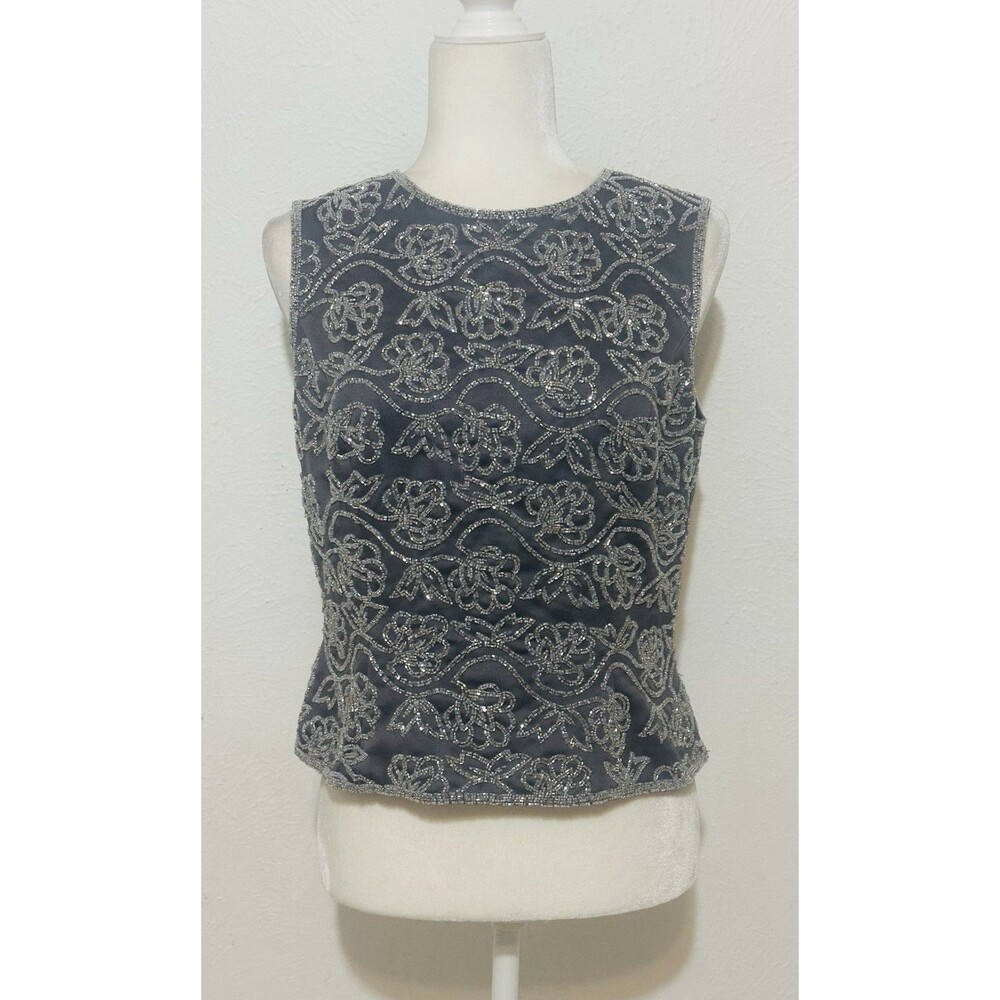 Oleg Cassini Black Tie Size 10 Heavily Beaded Grey Floral Top Quiet Luxury